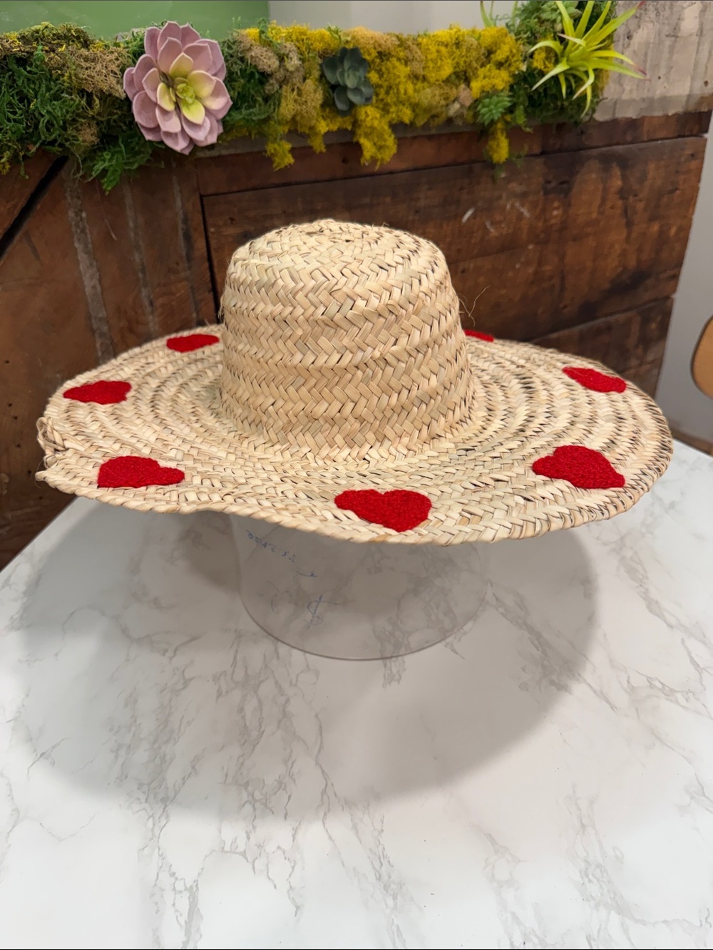 Straw Wide-Brim Sun Hat with Red Heart Accents